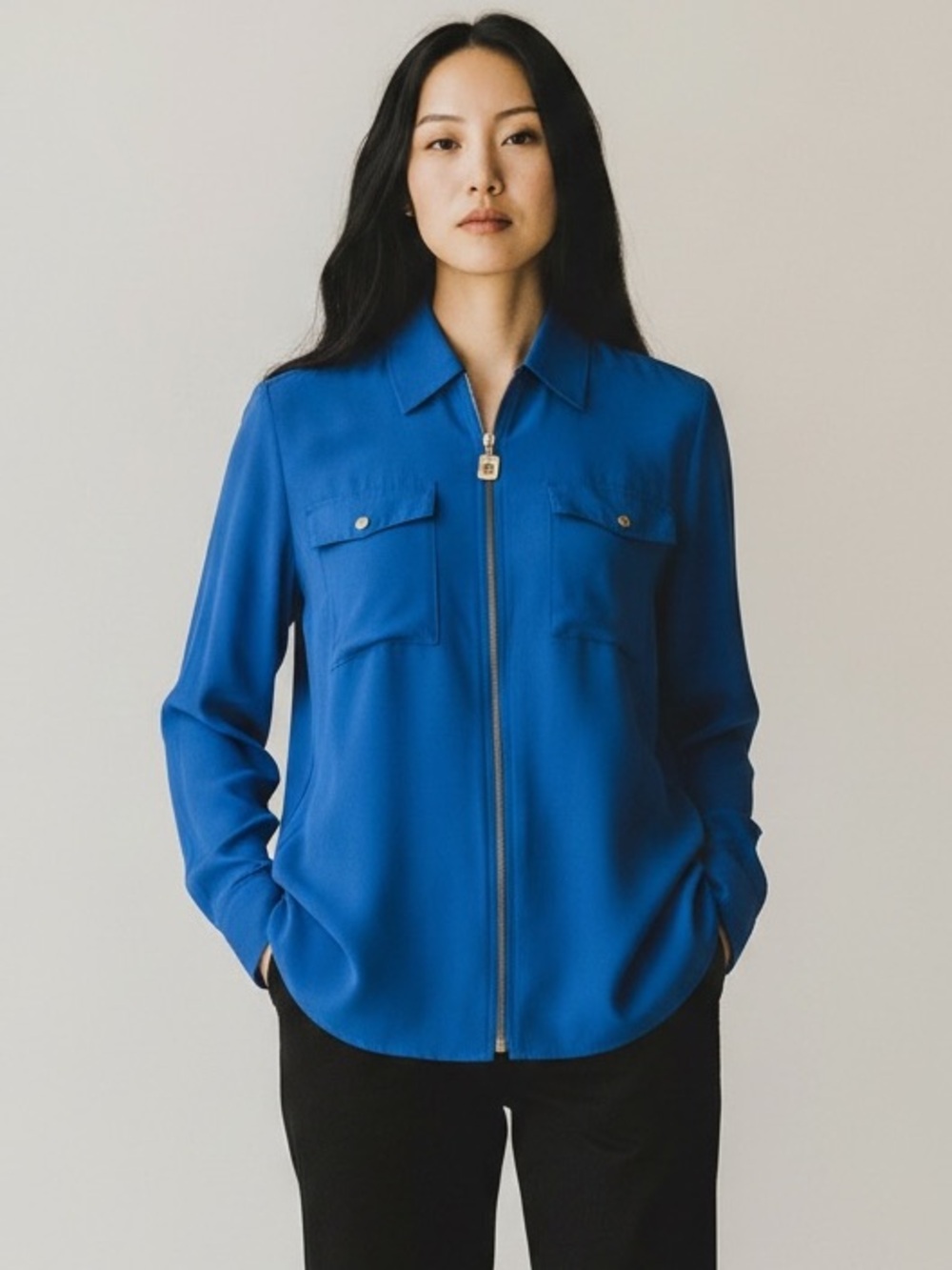 Michael Kors Blue Blouse with Collared Neckline and Sporty Design